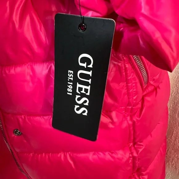 Guess NWT Stunning Show Stopping Hot Barbie Pink Mid-Length Puffer Hooded Coat - Picture 9 of 13